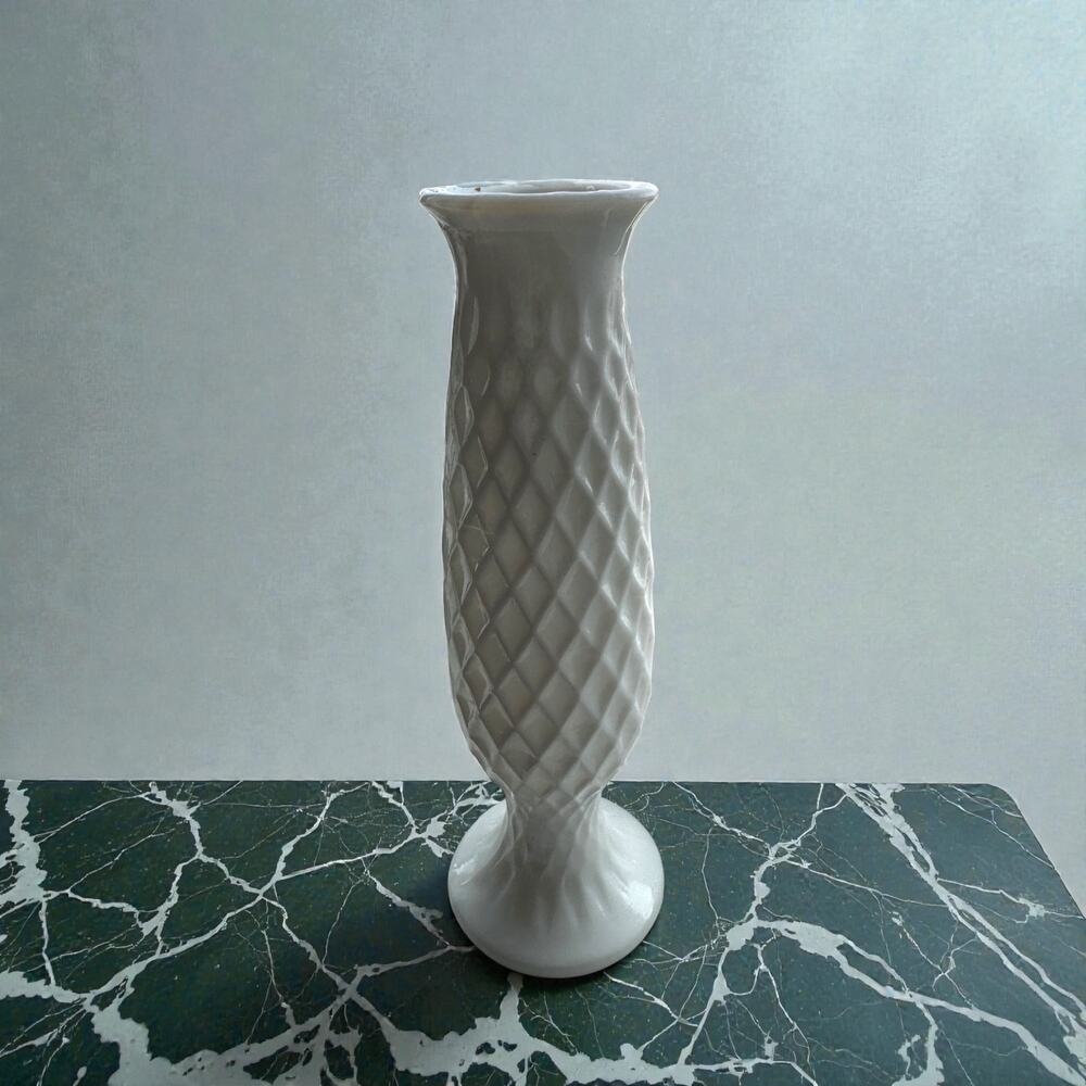 Vintage E.O. Brody Co Milk Glass Bud Vase Diamond Quilted Pattern Footed MCM